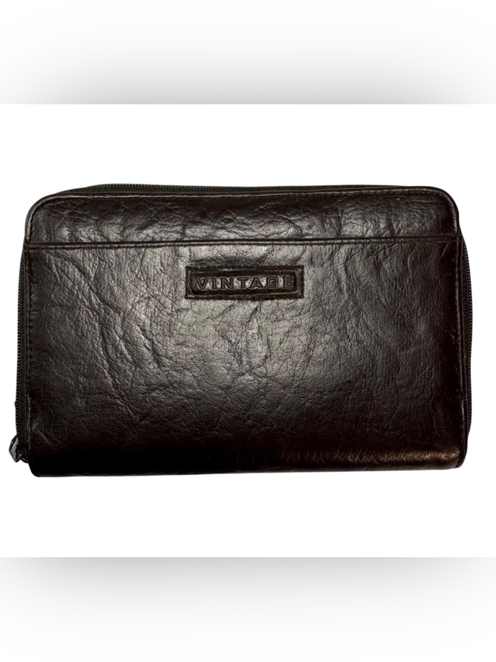 Vintage Brown Leather Zip-Around Checkbook Wallet Organizer